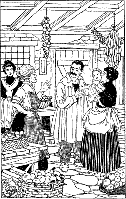 “HOW MUCH DO WE OWE YOU?” A group of people in a vegetable shop, talking