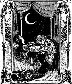 IN HER SEPULCHRE THERE BY THE SEA A woman, laid out on a bier with a man kneeling next to her. A crescent moon in the background