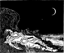 THE CRESCENT MOON WENT BY A man holding a scythe, lying on the grass. A crescent moon is in the sky.
