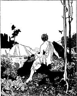 THY FIGURE FLOATS ALONG A man dressed in a toga, sitting on a rock in a garden with flowers looking at a bird flying over a river