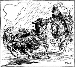 “DEFEND THYSELF, MISERABLE BEING!” The barber falling off his donkey before Don Quixote strikes him with his lance