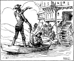 SANCHO FELL ON HIS KNEES Don Quixote and Sancho in a rowboat about to drift into a waterwheel