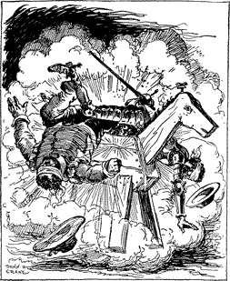 THE HORSE BLEW UP, WITH A PRODIGIOUS NOISE Two people falling off an exploding wooden horse