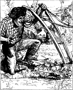THOU NEED NA START AWA A man kneeling by a plow