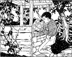 INCLINED TO MY LIPS A boy drinking from a bucket by a well