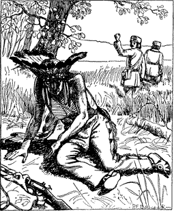 BLACKHAWK AND THE TWO RUFFIANS A Native American man seated on the ground, with two other men walking away