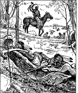 THE WOMEN AND CHILDREN CROSSED THE RIVER Two armed Native American men protecting a group of people crossing a river