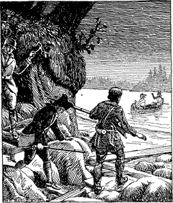 HAWKEYE ON THE TRAIL Two men walking down a trail to a river