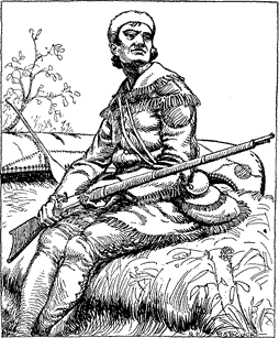 HAWKEYE Hawkeye, holding his rifle, sitting on a rock