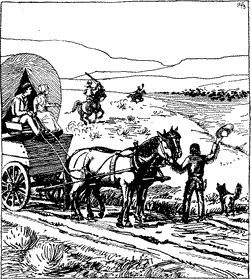 ONE VAST HOST OF BUFFALO A man standing by two horses hitched to a covered wagon, all looking at a herd of buffalo in the distance