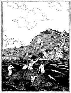 THE LITTLE GRAY CHURCH ON THE WINDY SHORE Mermaids sitting on a rock in the sea, pointing to the town on the shore