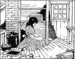 “OH, HE IS CRUEL!” A sad-looking girl sitting in the corner of an attic, with a doll and book nearby
