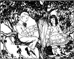 “IS IT THE TIPSY-CAKE, THEN?” A boy and a girl sitting in the branches of a tree. The boy has a knife and cake in his hands.