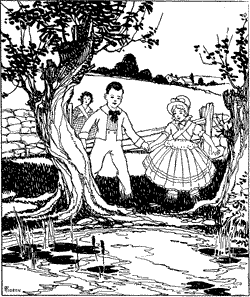 “HERE, LUCY!” Two children standing by the edge of a pond