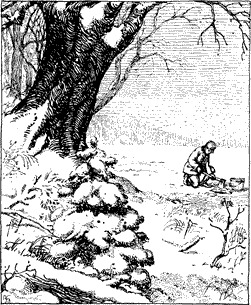 KNEELING TO DRINK A man chopping a hole in the ice of a frozen lake