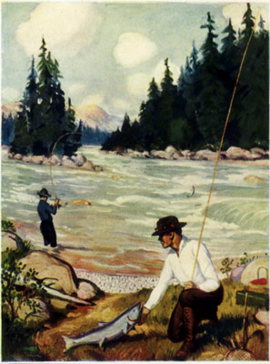 Salmon Fishing A man with a fishing rod and fish, kneeling on the bank of a river with rapids