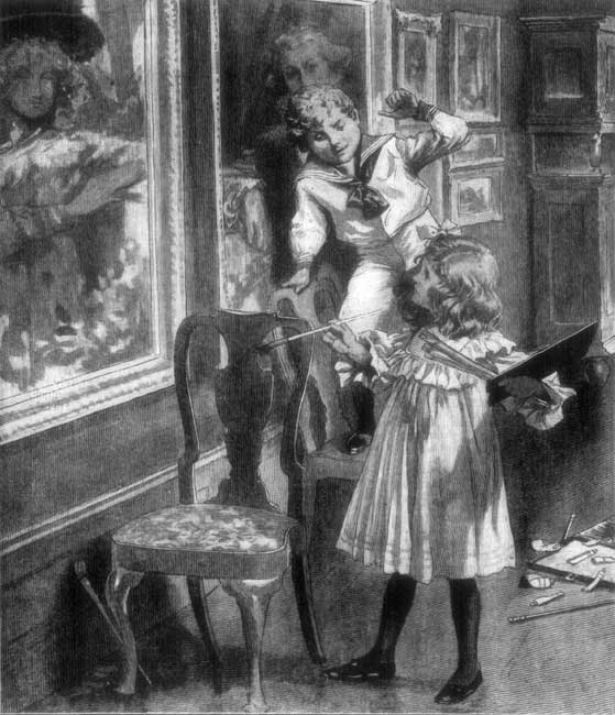 "Soon the two little mischief-makers were busy at work on
the pictures."