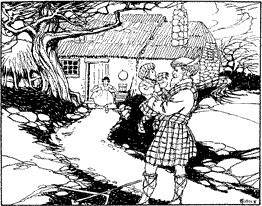 TH’ EXPECTANT WEE-THINGS A man picking up a small child in front of a cottage, with a young girl runs to join them