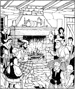 ROUND THE INGLE A family gathered around a fire in a fireplace