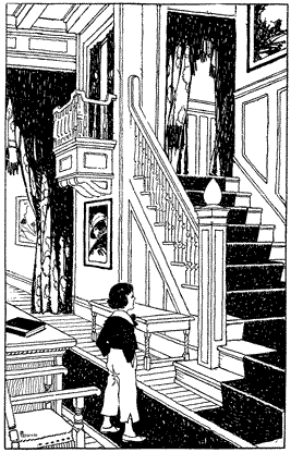 ROAMING ABOUT THAT HUGE MANSION A small boy standing at the base of a staircase