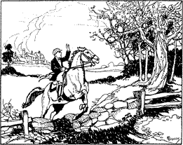 HE WOULD MOUNT A METTLESOME HORSE A boy on a horse jumping a stone wall