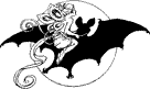 Decorative illustration A fairy mounted on a bat flying in front of the moon