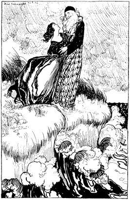 TELL YOUR PITEOUS HEART Prospero and Miranda standing on a wave