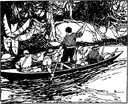 WE ROWED AWAY DOWN THE RIVER IN PURSUIT Five men in a canoe