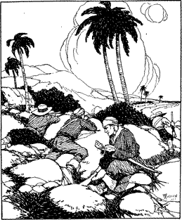 A BATTLE AT LONG RANGE COMMENCED A group of men behind rocks, preparing for battle