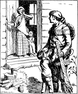 I SAID FAREWELL TO MY WIFE AND CHILDREN A man in a coonskin hat saying goodbye to his family