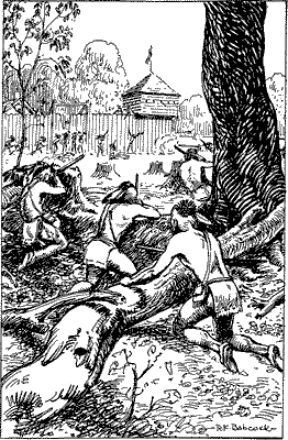 THE ATTACK ON THE FORT Three Indians crouching behind a tree, preparing to attack a fort