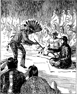 THE GIFT OF THE CALUMET An Indian presenting a pipe to a priest with many Indians looking on