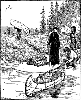 AT THE PORTAGE A man preparing to pull a birch-skin boat from the water, while the priest looks on