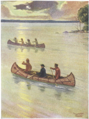 On the Mississippi A priest in a birchbark canoe paddeled by two Indians, on a river, with suset colors