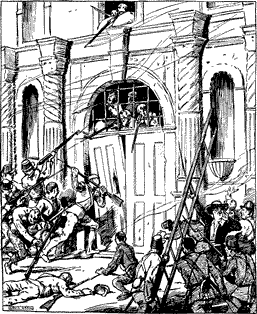 THE MEXICANS STORM THE FORT A group of people attacking the entrance to the Alamo, breaking down the door