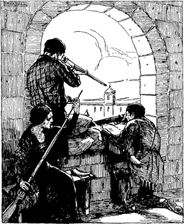 THE DEFENDERS FIRING FROM WINDOWS Two people firing through a window with a third person reloading a rifle