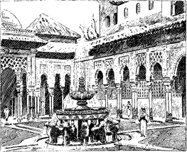 THE COURT OF LIONS A courtyard with a fountain in the center