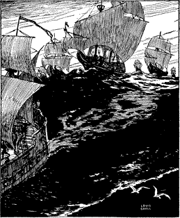 THEY FOLLOW IN A FLOCK A fleet of ships on the sea