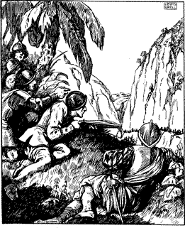 “DO NOT SHOOT TILL I DO“ An armed group of men looking down into a mountain pass