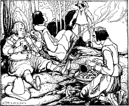 HERE THEY REFRESHED THEMSELVES Four people around a campfire