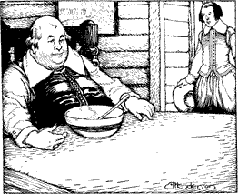 HE WAS INTERRUPTED BY WANDLE SCHOONHOVEN A man seated at a table with a bowl in front of him with another man approaching
