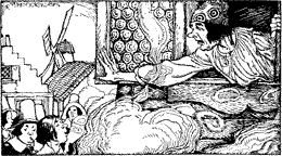 THE TESTY WILLIAM ISSUED FORTH LIKE A WRATHFUL SPIDER A man in a sleeping cap leaning out of a window, looking at a group of men blowing smoke rings
